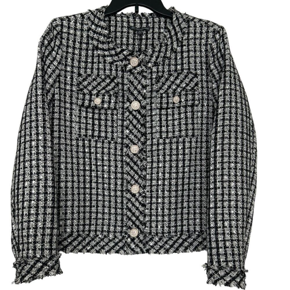 Adrianna Papell Black White Tweed Jacket Cropped Blazer Flat Collar NWT Size M